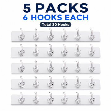 (Pack of 5) Multi-Purpose Adhesive Hooks – 6 Hook Rows | باتھ روم، کچن اور وارڈروب کے لیے
