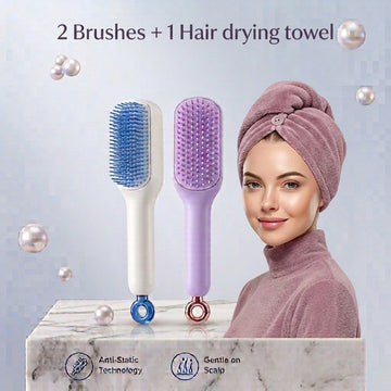 2 Self-Cleaning Hair Brushes + 1 Hair Dry Towel | بالوں کی صفائی اور خشکی کا مکمل حل — ایک ڈیل میں بڑی بچت