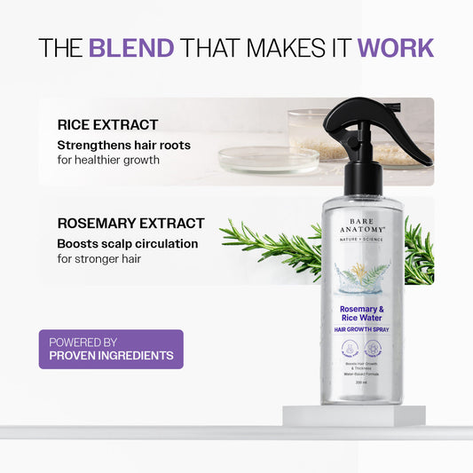 Rosemary & Rice Spray for Hair Growth & Hair Thickness with Rice Water | Soft & Smooth Hair| Controls Hairfall | Non-Greasy & Fast Absorbing Water Hair Growth Spray - 200 ml